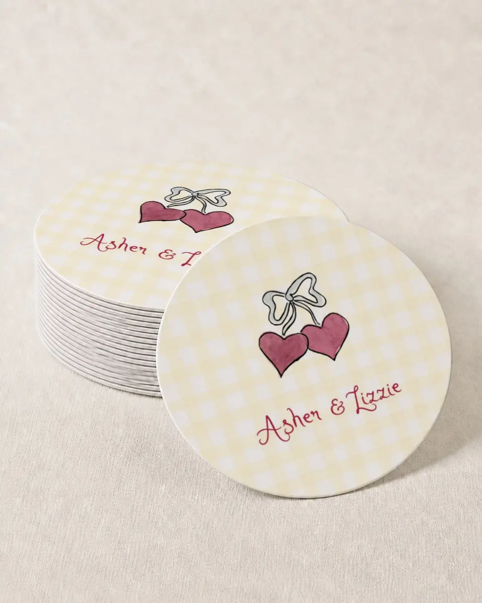 This is a 4" x 4" Wedding Coaster called Love Dove printed in full color with Gold foil on Kraft Chipboard paper