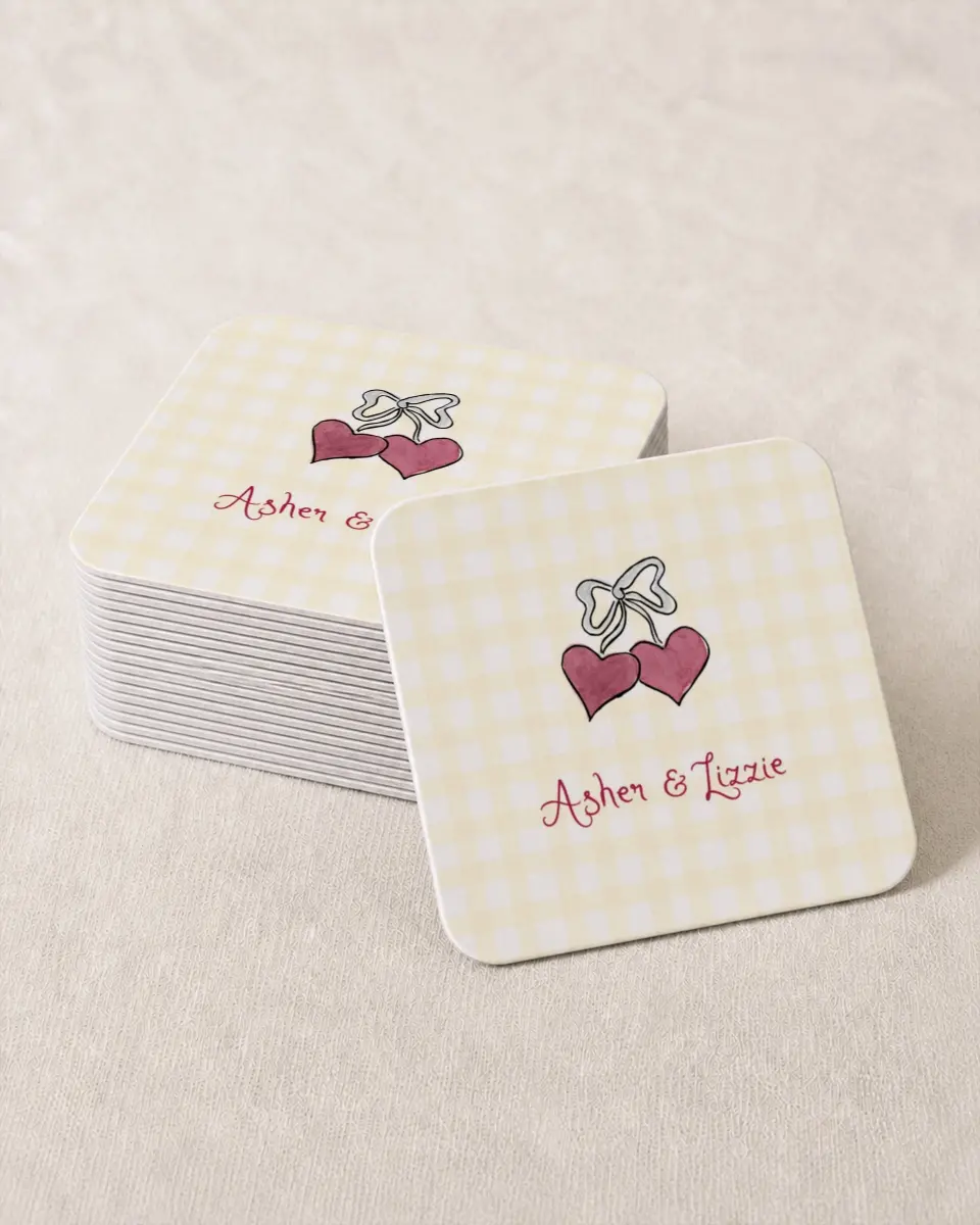 This is a 4" x 4" Wedding Coaster called Love Dove printed in full color with Gold foil on Kraft Chipboard paper