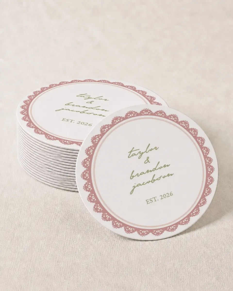 This is a 4" x 4" Wedding Coaster called Verdant Romance printed in full color with Gold foil on Kraft Chipboard paper