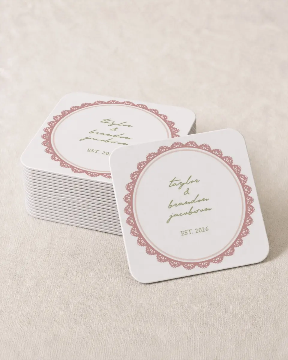 This is a 4" x 4" Wedding Coaster called Verdant Romance printed in full color with Gold foil on Kraft Chipboard paper