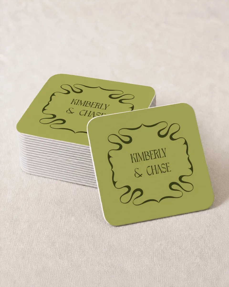 This is a 4" x 4" Wedding Coaster called Nouveau Romance printed in full color with Gold foil on Kraft Chipboard paper