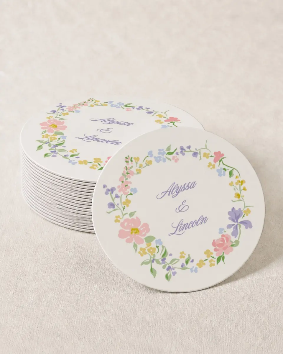 This is a 4" x 4" Wedding Coaster called Gentle Garden printed in full color with Gold foil on Kraft Chipboard paper
