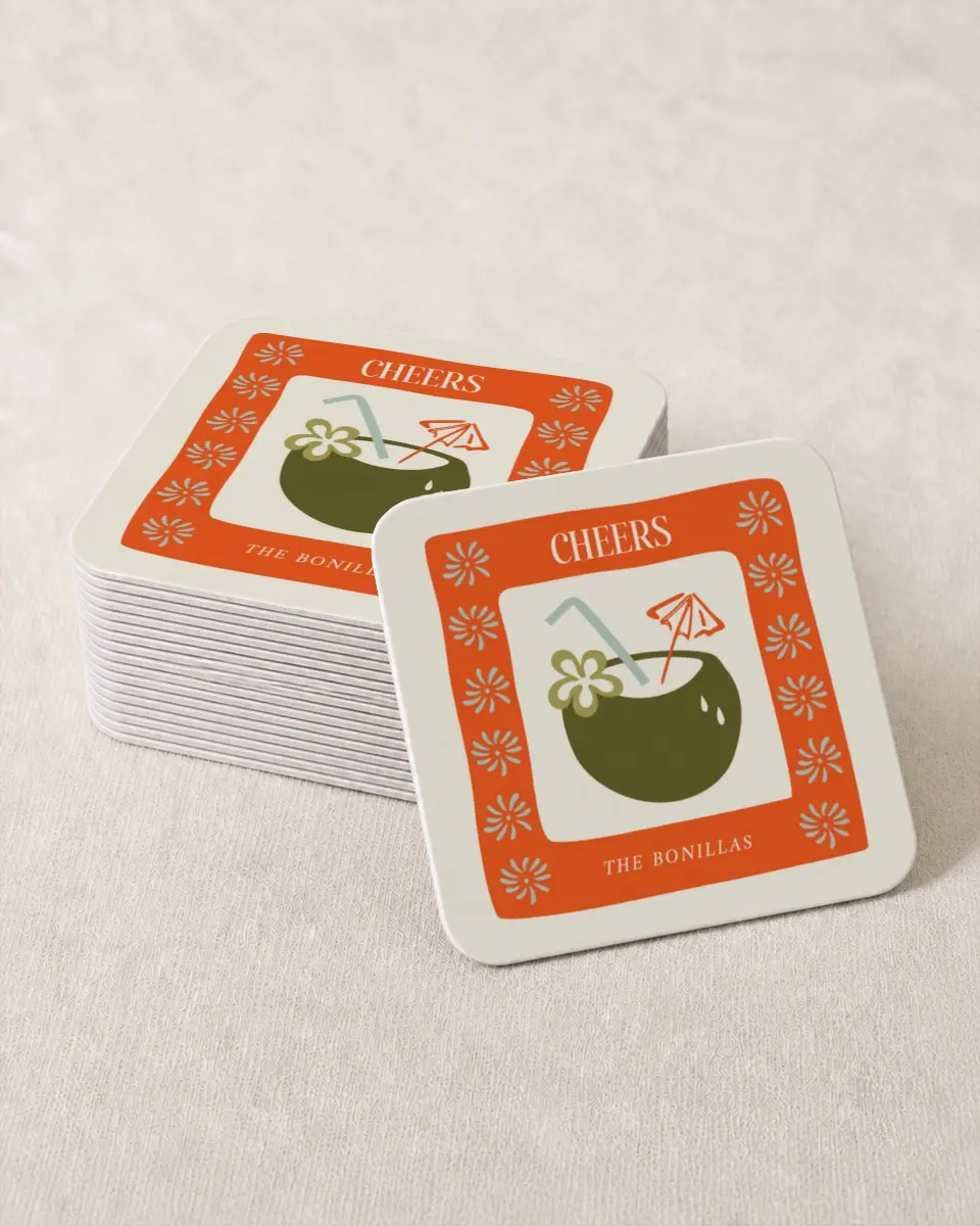 This is a 4" x 4" Wedding Coaster called Tropical Treasure printed in full color with Gold foil on Kraft Chipboard paper
