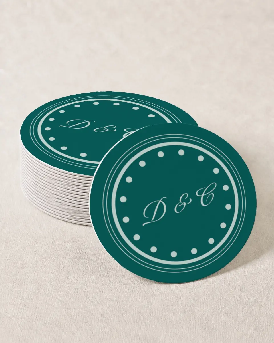 This is a 4" x 4" Wedding Coaster called Faithful Frame printed in full color with Gold foil on Kraft Chipboard paper