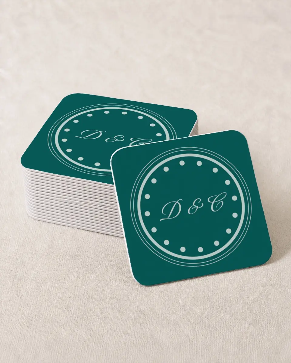 This is a 4" x 4" Wedding Coaster called Faithful Frame printed in full color with Gold foil on Kraft Chipboard paper
