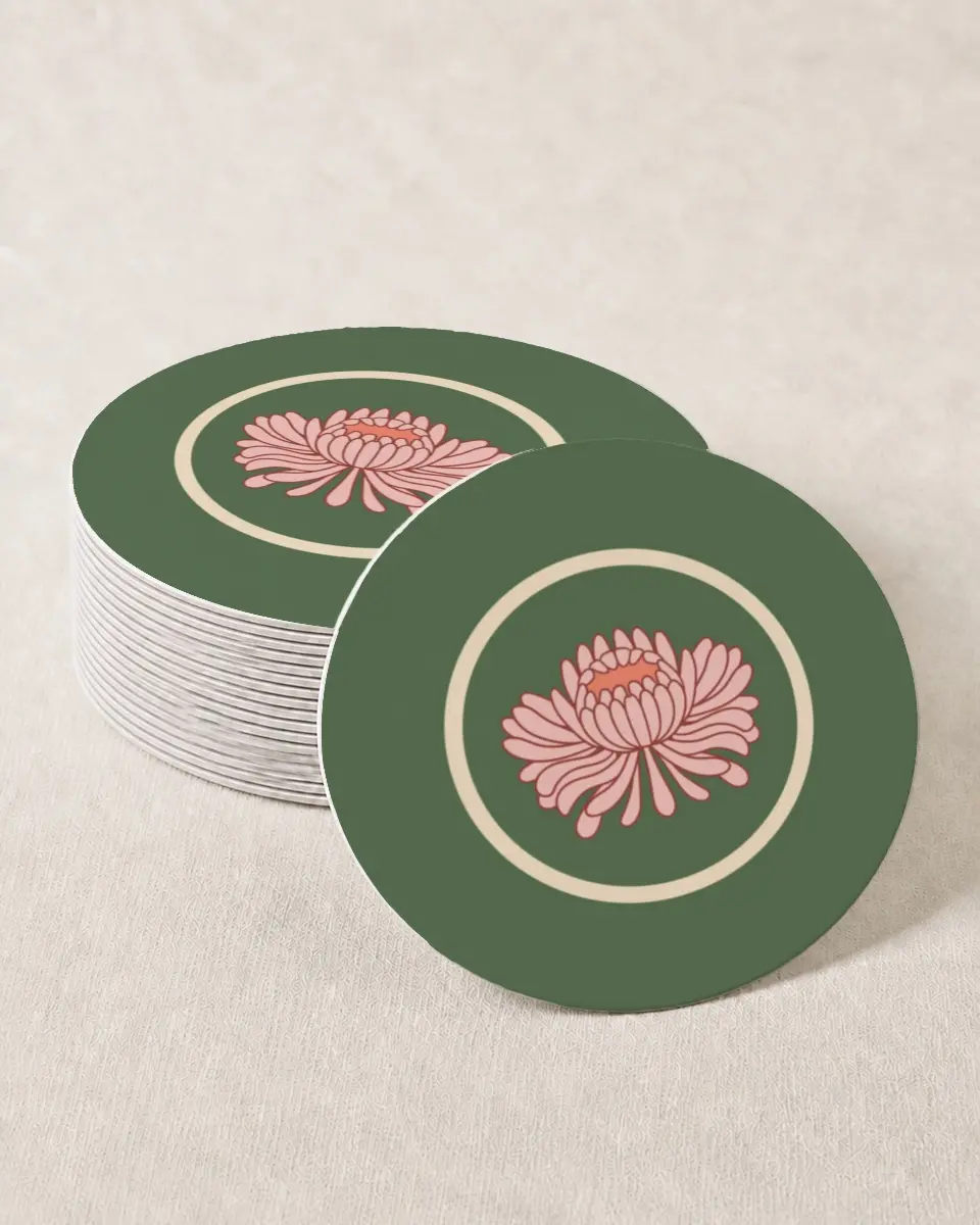 This is a 4" x 4" Wedding Coaster called Regal Garden printed in full color with Gold foil on Kraft Chipboard paper