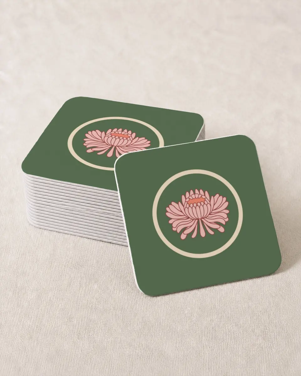 This is a 4" x 4" Wedding Coaster called Regal Garden printed in full color with Gold foil on Kraft Chipboard paper