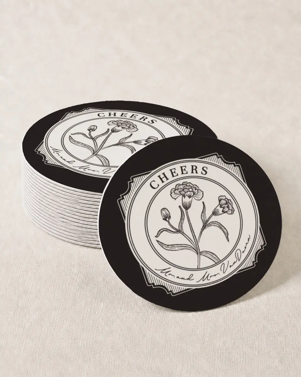 This is a 4" x 4" Wedding Coaster called Opulent Endearment printed in full color with Gold foil on Kraft Chipboard paper