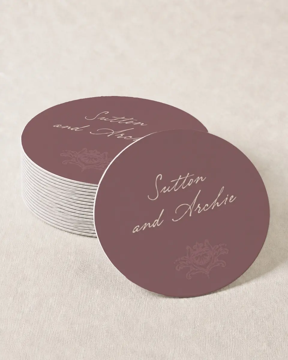 This is a 4" x 4" Wedding Coaster called Victorian Aura printed in full color with Gold foil on Kraft Chipboard paper