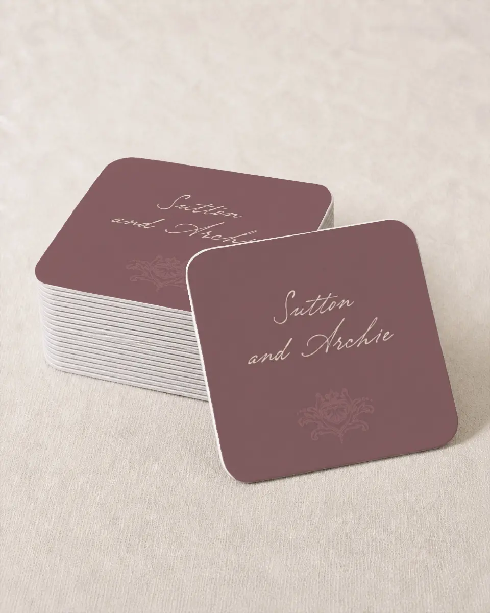This is a 4" x 4" Wedding Coaster called Victorian Aura printed in full color with Gold foil on Kraft Chipboard paper