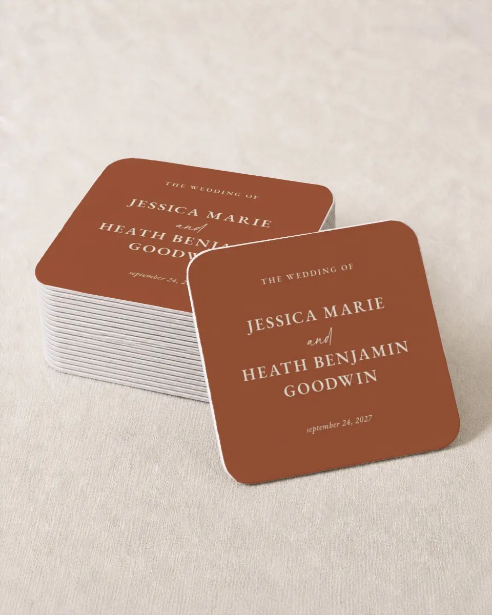 This is a 4" x 4" Wedding Coaster called Plush Petals printed in full color with Gold foil on Kraft Chipboard paper