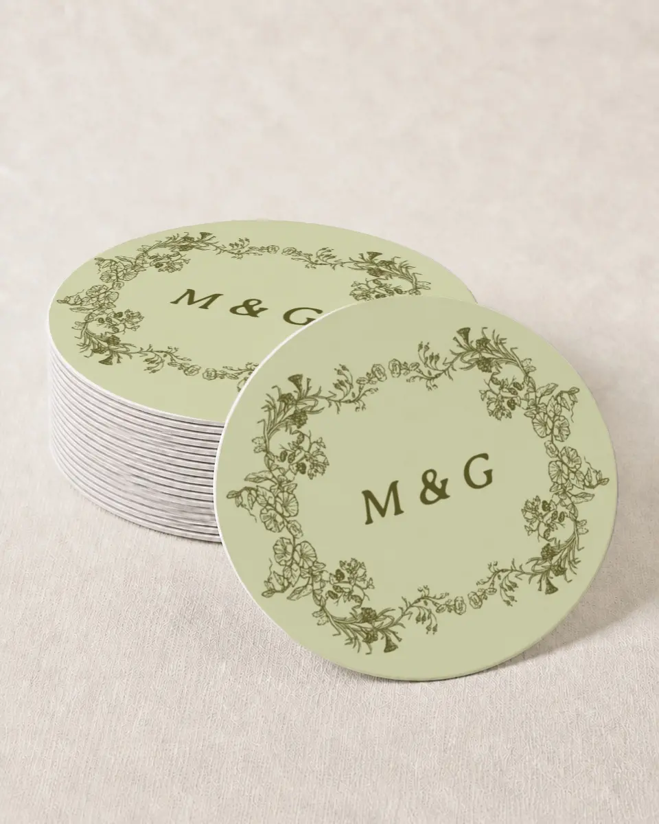 This is a 4" x 4" Wedding Coaster called Vintage Chinoiserie printed in full color with Gold foil on Kraft Chipboard paper