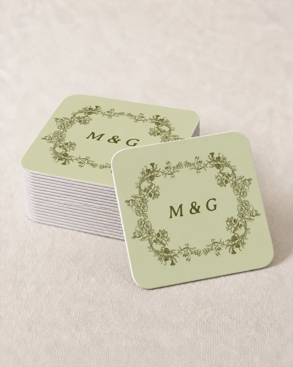 This is a 4" x 4" Wedding Coaster called Vintage Chinoiserie printed in full color with Gold foil on Kraft Chipboard paper