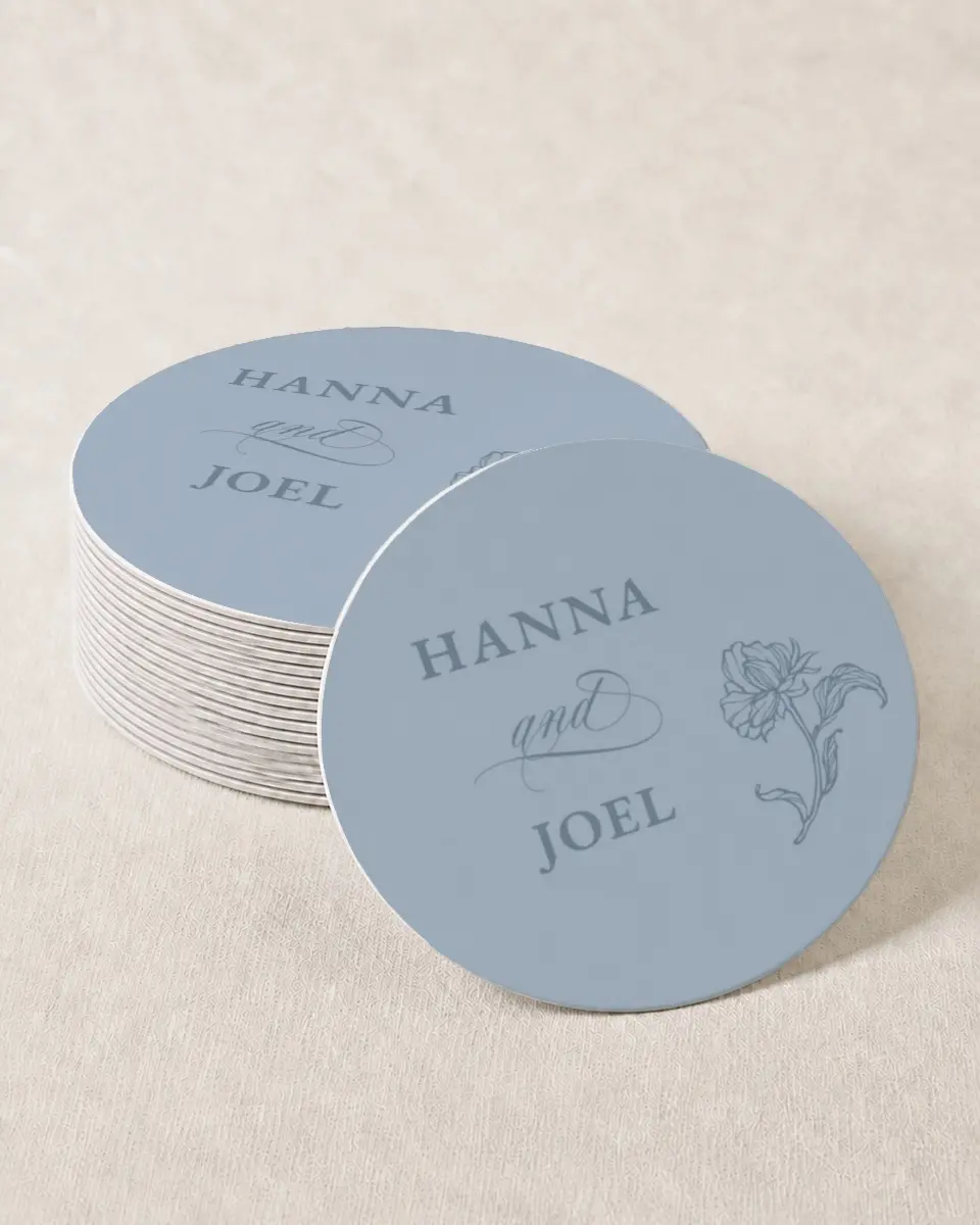 This is a 4" x 4" Wedding Coaster called Pressed Petals printed in full color with Gold foil on Kraft Chipboard paper