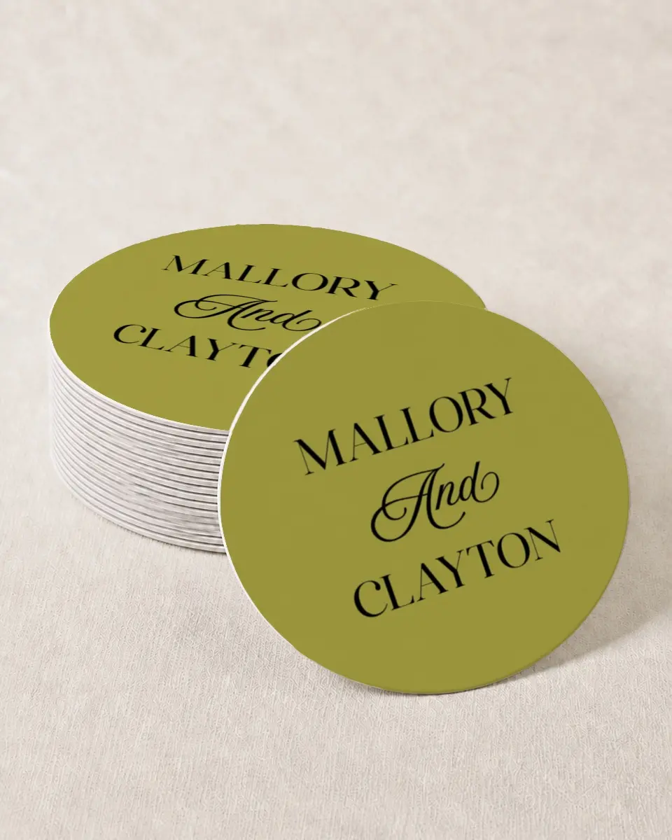 This is a 4" x 4" Wedding Coaster called The Mallory printed in full color on Kraft Chipboard paper