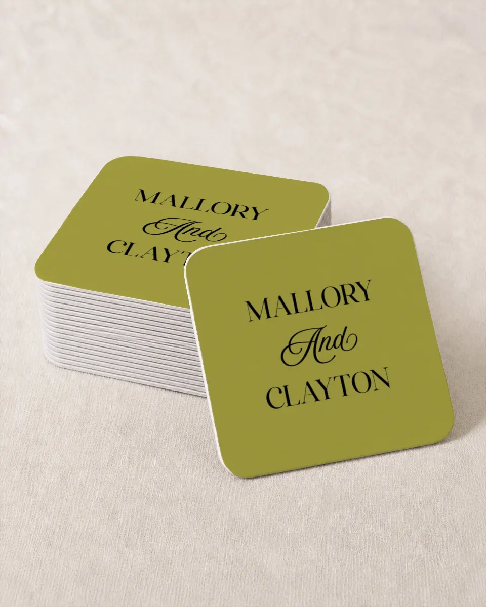 This is a 4" x 4" Wedding Coaster called The Mallory printed in full color with Silver foil on Kraft Chipboard paper