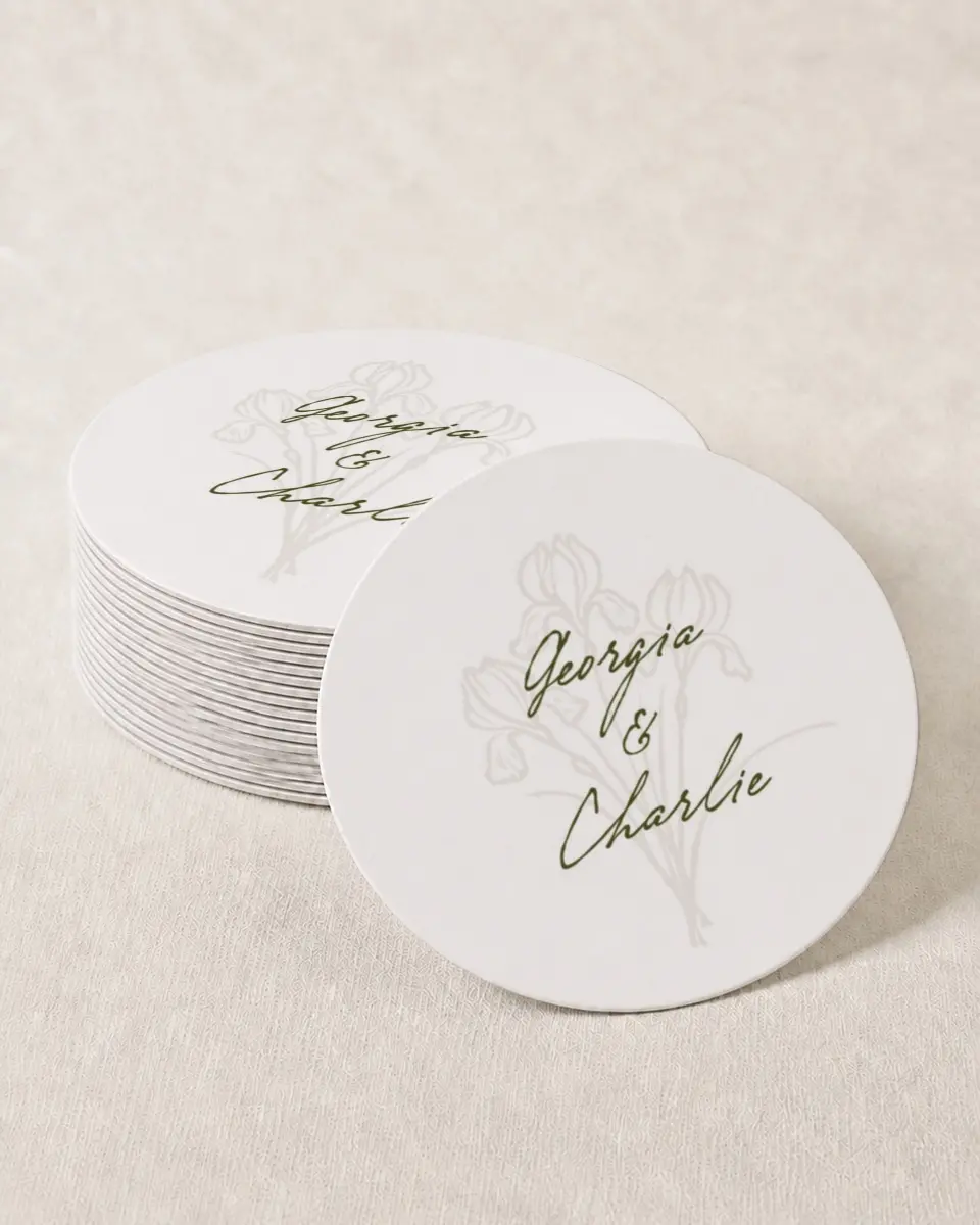 This is a 4" x 4" Wedding Coaster called The Georgia printed in full color with Rose Gold foil on Kraft Chipboard paper