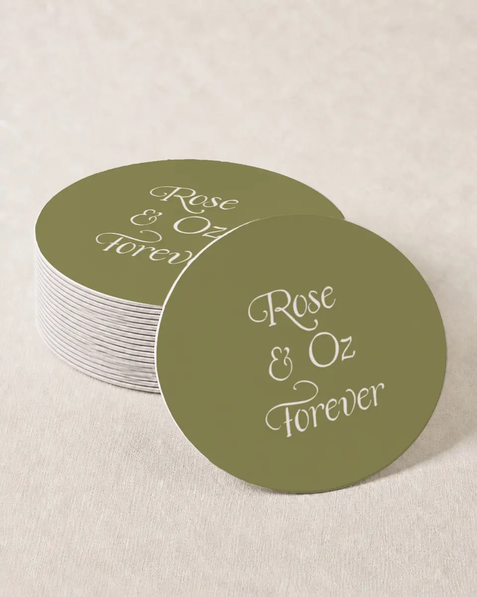 This is a 4" x 4" Wedding Coaster called The Rosemary printed in full color on Kraft Chipboard paper