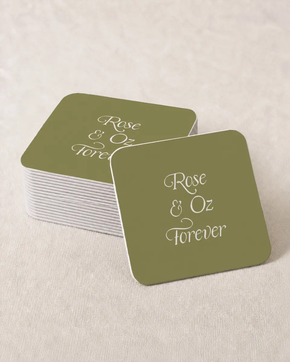 This is a 4" x 4" Wedding Coaster called The Rosemary printed in full color on Kraft Chipboard paper