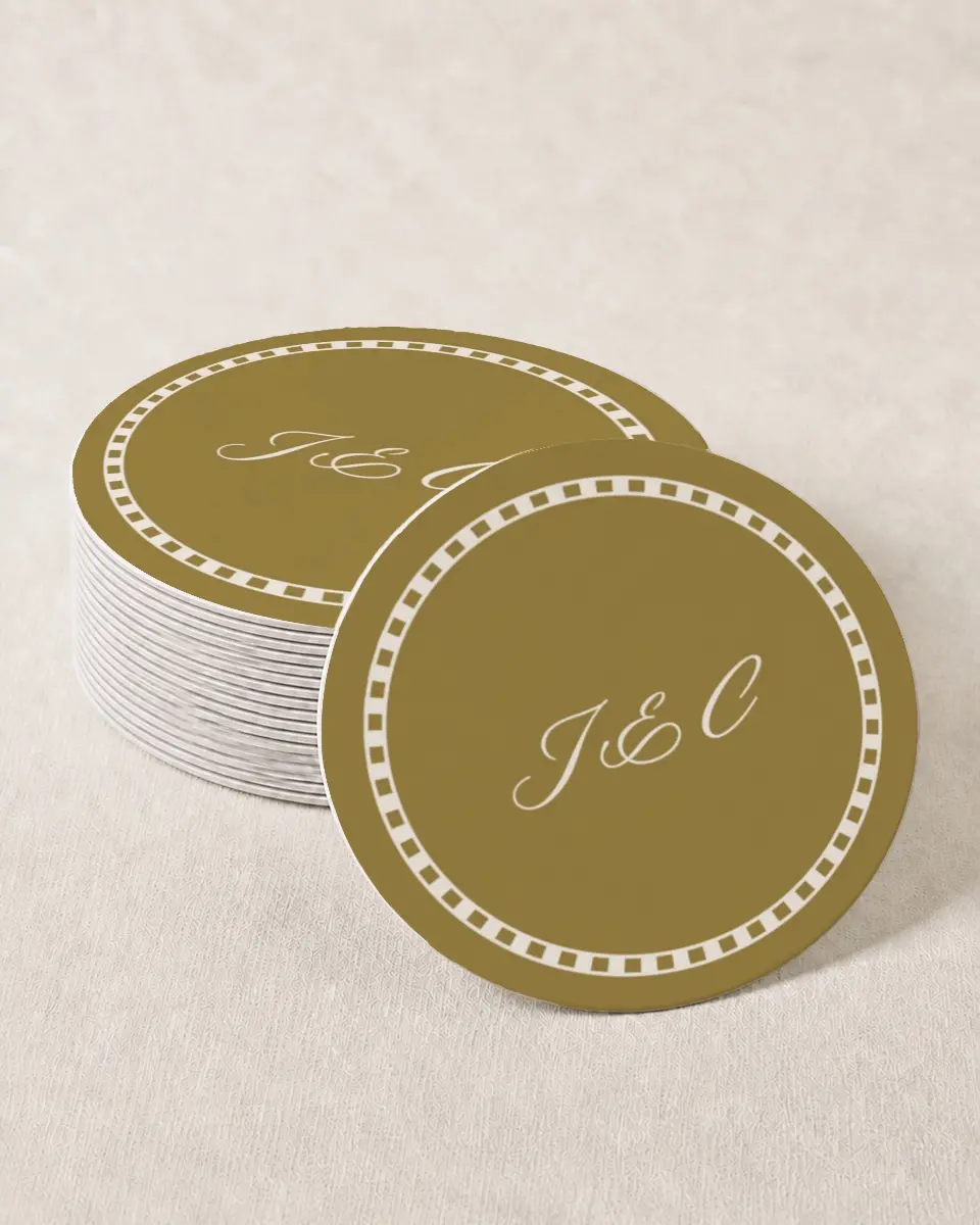 This is a 4" x 4" Wedding Coaster called The Jillian printed in full color on Kraft Chipboard paper