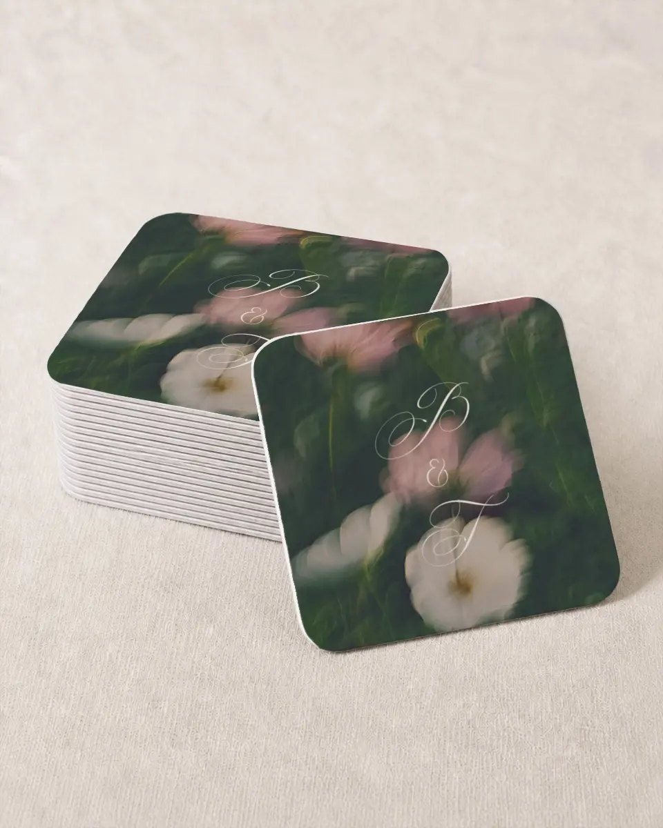 This is a 4" x 4" Wedding Coaster called The Bethany printed in full color with Rose Gold foil on Kraft Chipboard paper