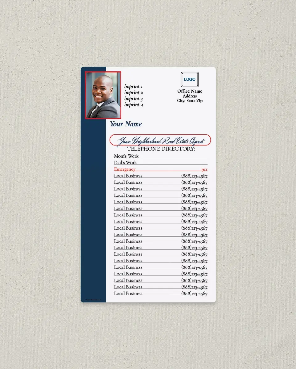 This is a 4" x 7" Directorie called White with Navy Bar printed in full color with a Standard Gloss finish