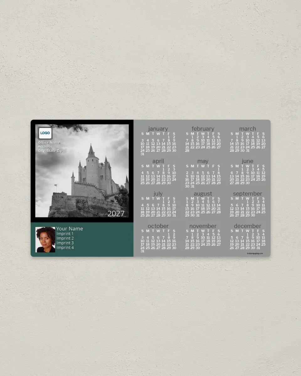 This is a 4" x 7" Full Magnet Calendar called Castle printed in full color with a Standard Gloss finish