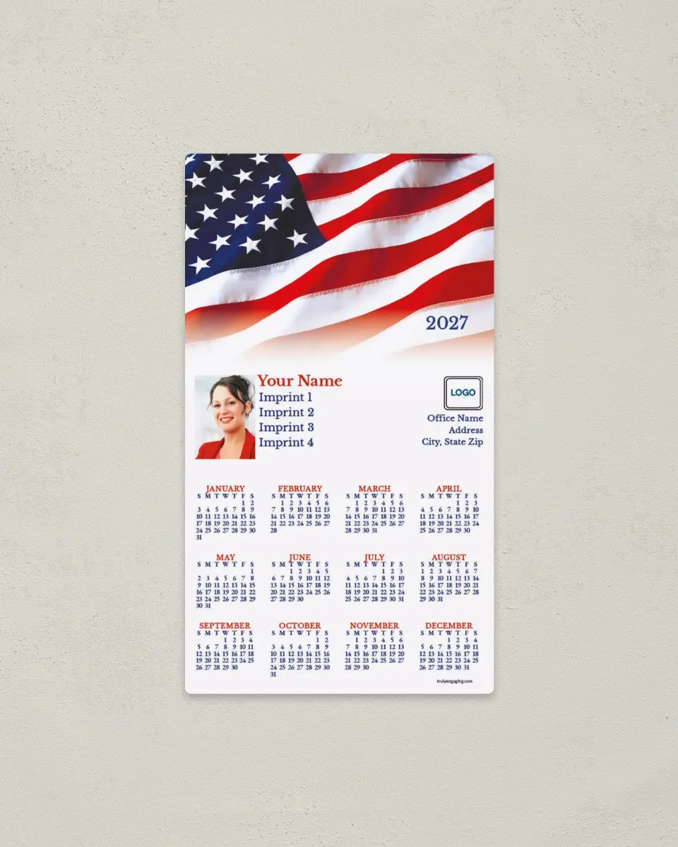 This is a 4" x 7" Full Magnet Calendar called Fading Flag printed in full color with a Standard Gloss finish
