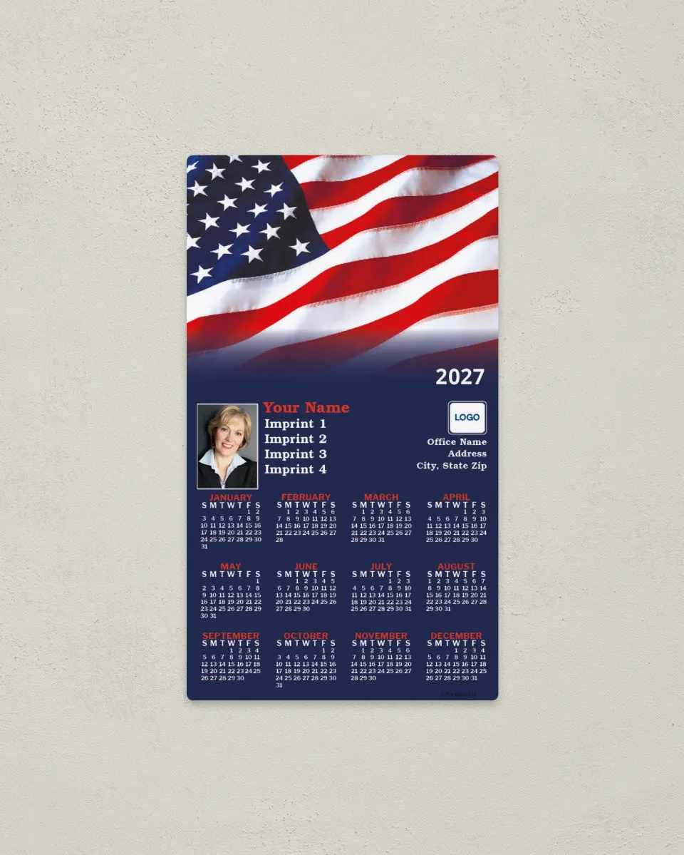 This is a 4" x 7" Full Magnet Calendar called Flag Fading to Blue printed in full color with a Standard Gloss finish
