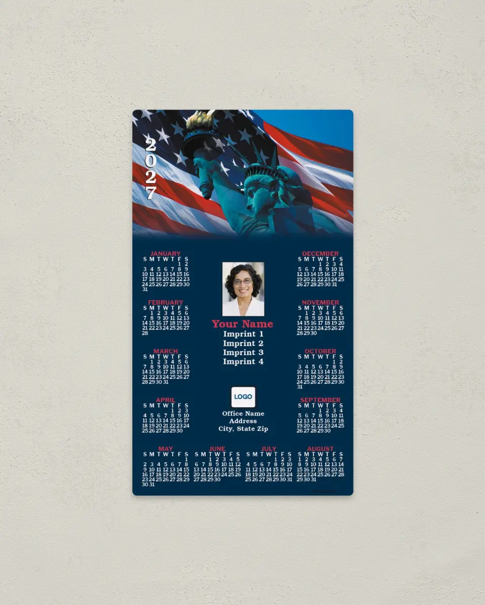 This is a 4" x 7" Full Magnet Calendar called Statue of Liberty and Flag Fading to Navy printed in full color with a Standard Gloss finish