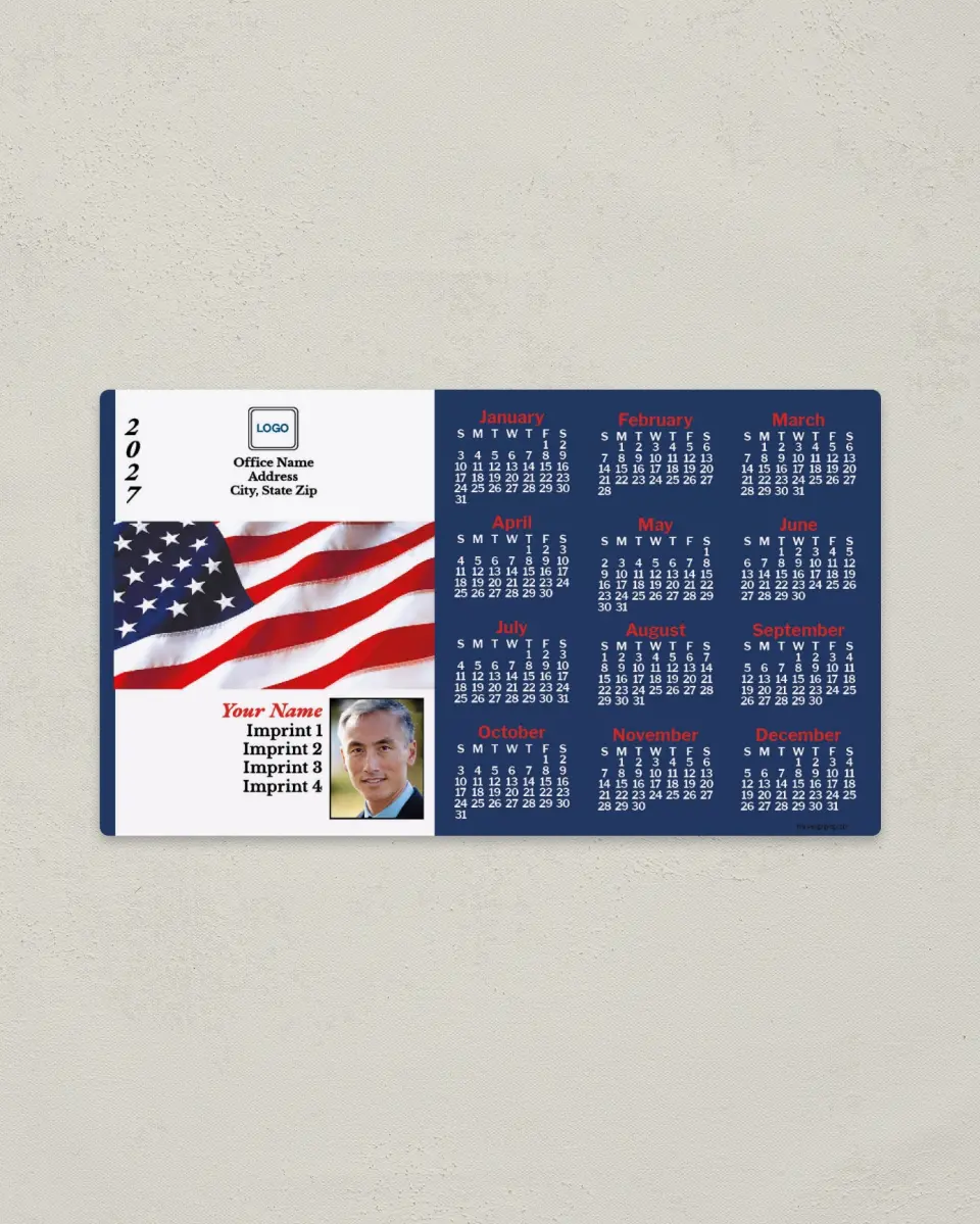 This is a 4" x 7" Full Magnet Calendar called Flag with Blue and White Background printed in full color with a Standard Gloss finish