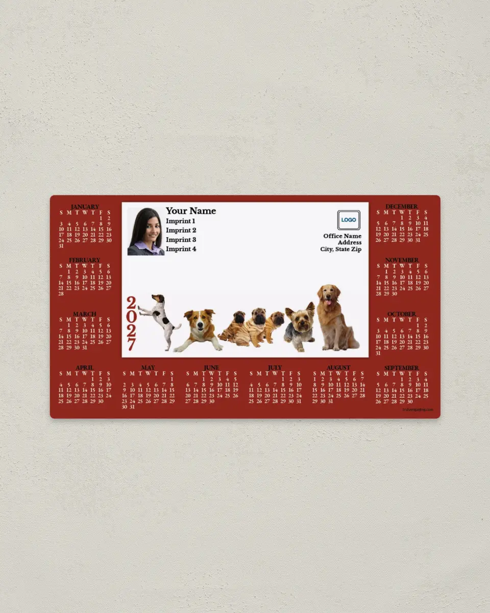 This is a 4" x 7" Full Magnet Calendar called Dogs with Brick Red Border printed in full color with a Standard Gloss finish