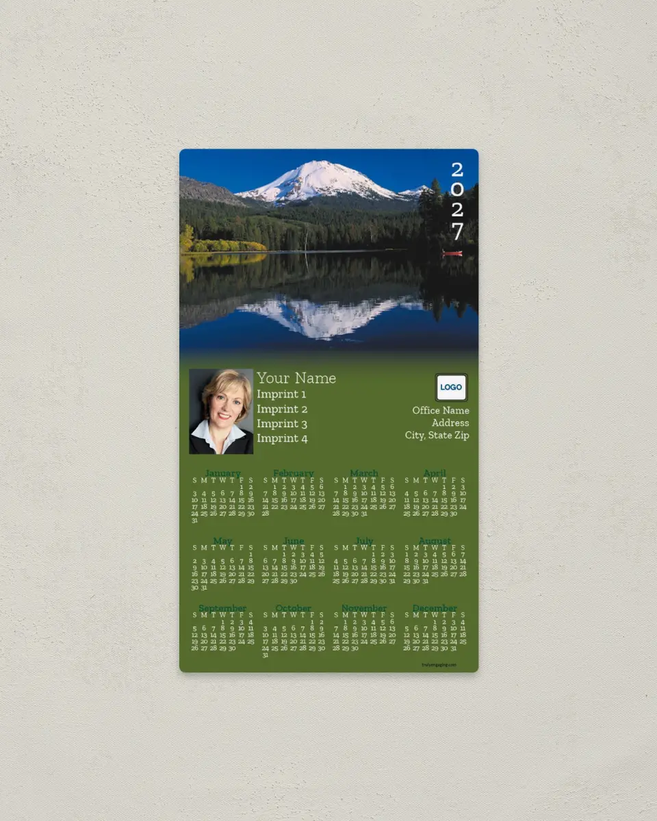 This is a 4" x 7" Full Magnet Calendar called Mountain and Lake Fading to Green printed in full color with a Standard Gloss finish