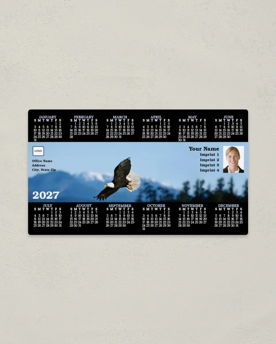 This is a 4" x 7" Full Magnet Calendar called Eagle and Mountains printed in full color with a Standard Gloss finish