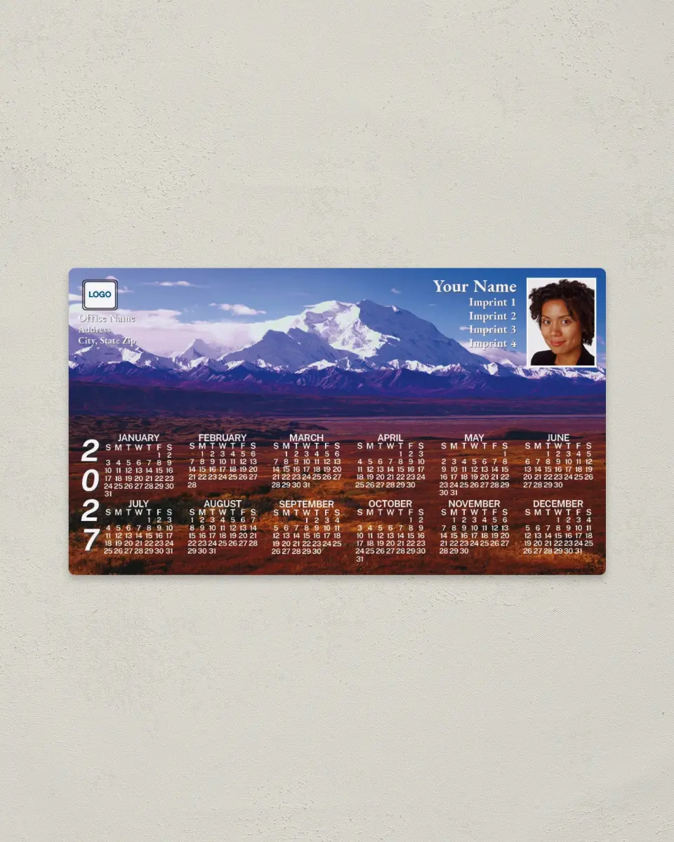This is a 4" x 7" Full Magnet Calendar called Mountains printed in full color with a Standard Gloss finish