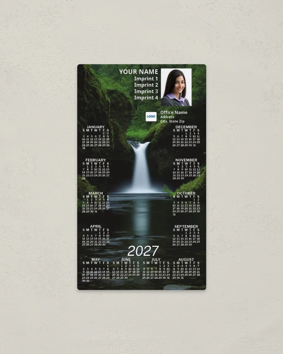 This is a 4" x 7" Full Magnet Calendar called Waterfall printed in full color with a Standard Gloss finish