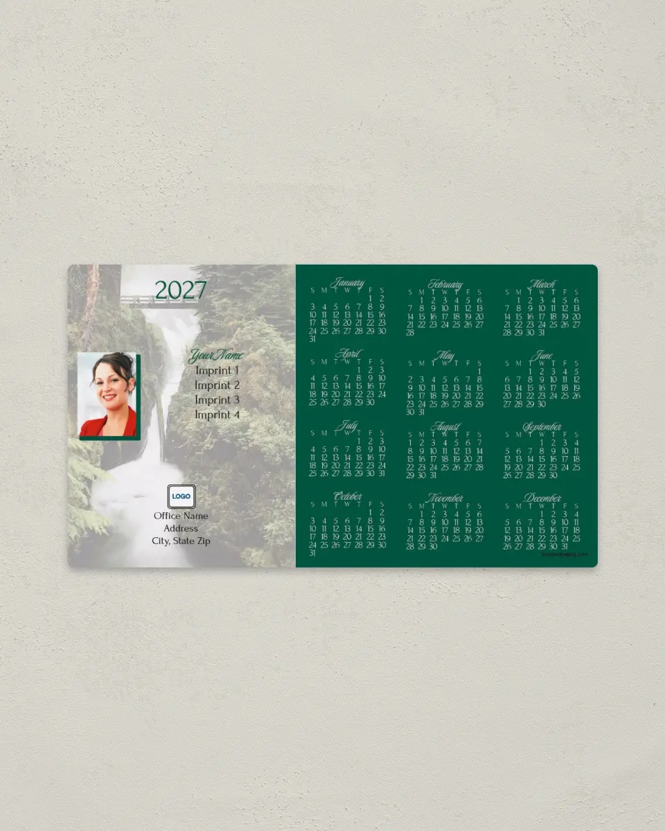 This is a 4" x 7" Full Magnet Calendar called Waterfall with Green Background printed in full color with a Standard Gloss finish
