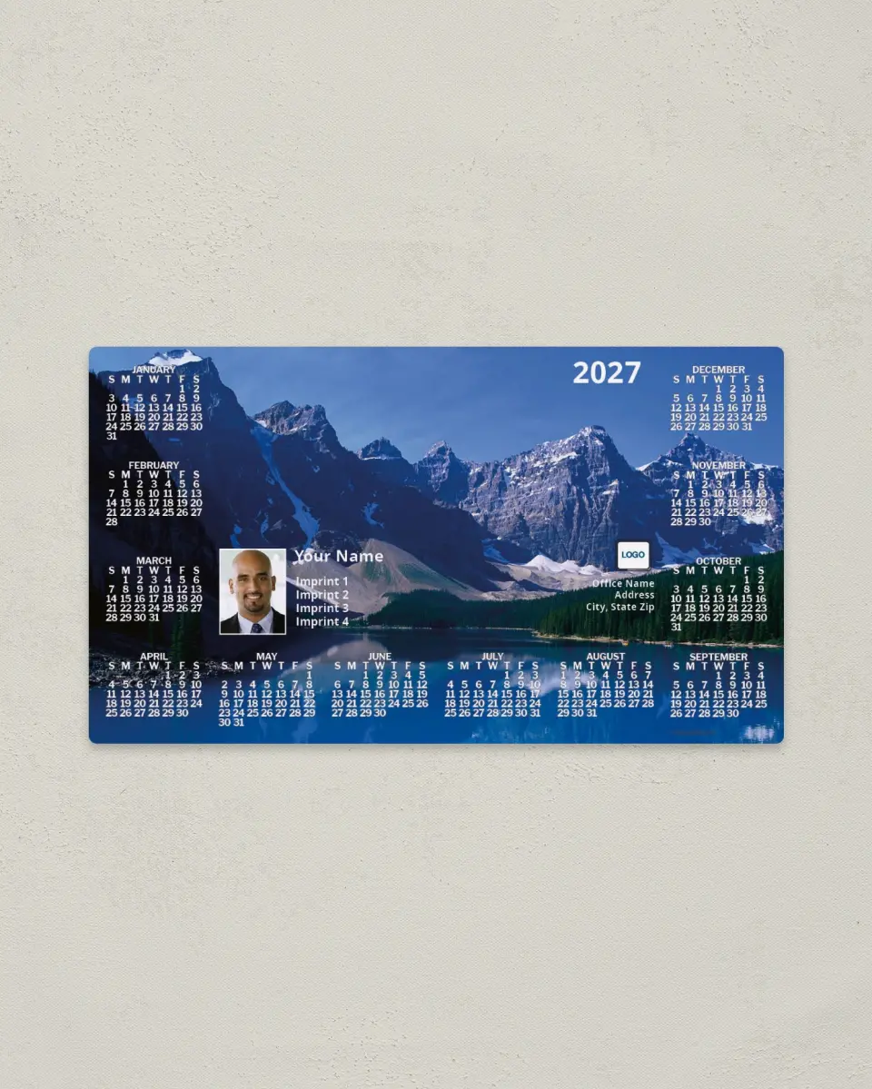 This is a 4" x 7" Full Magnet Calendar called Mountain and Lake printed in full color with a Standard Gloss finish