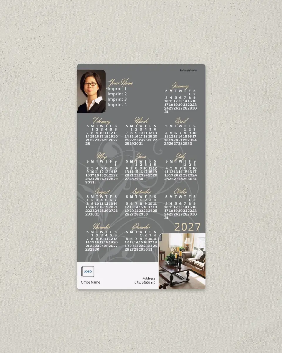 This is a 4" x 7" Full Magnet Calendar called Professional Flourish printed in full color with a Standard Gloss finish