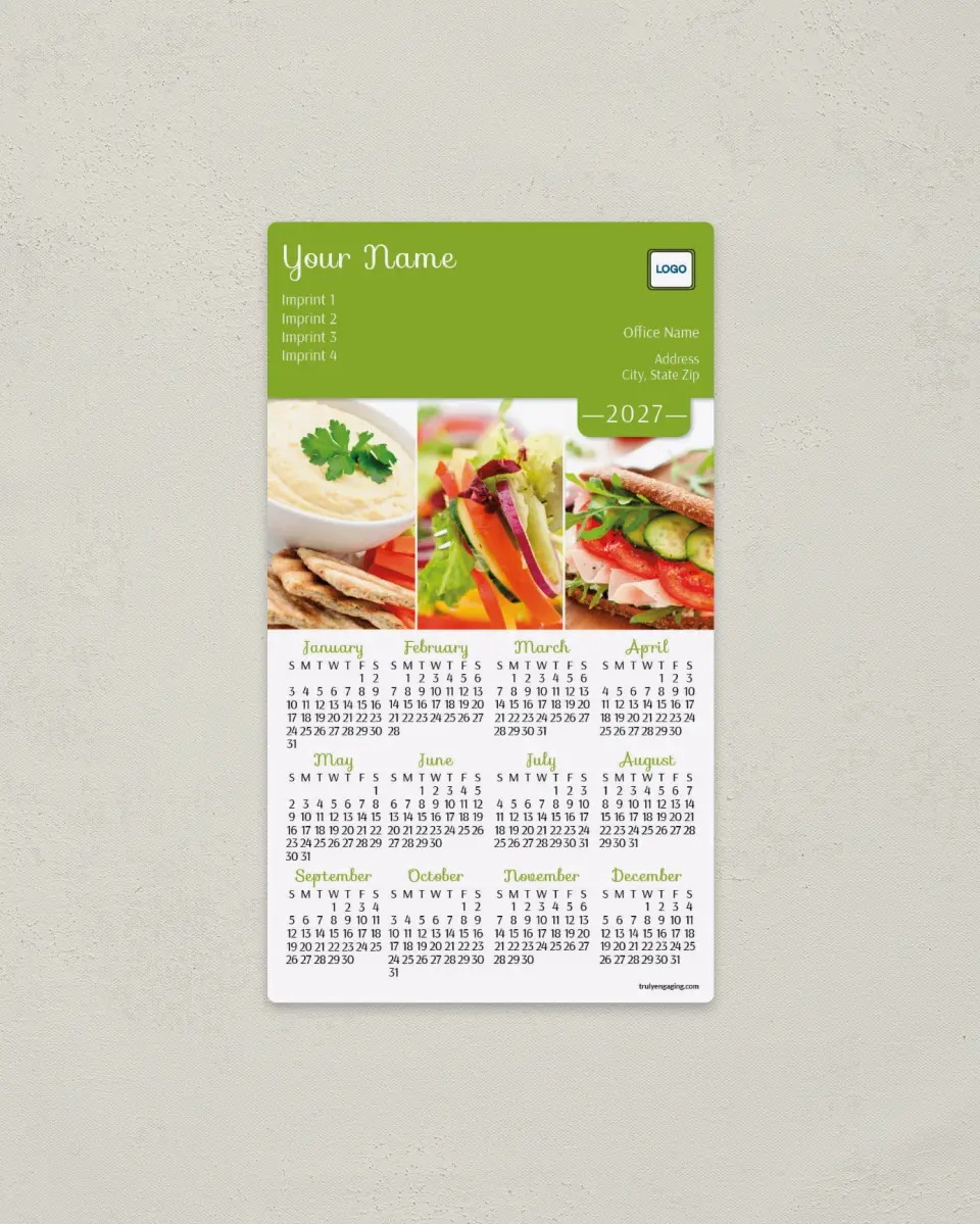 This is a 4" x 7" Full Magnet Calendar called Food Photography printed in full color with a Standard Gloss finish