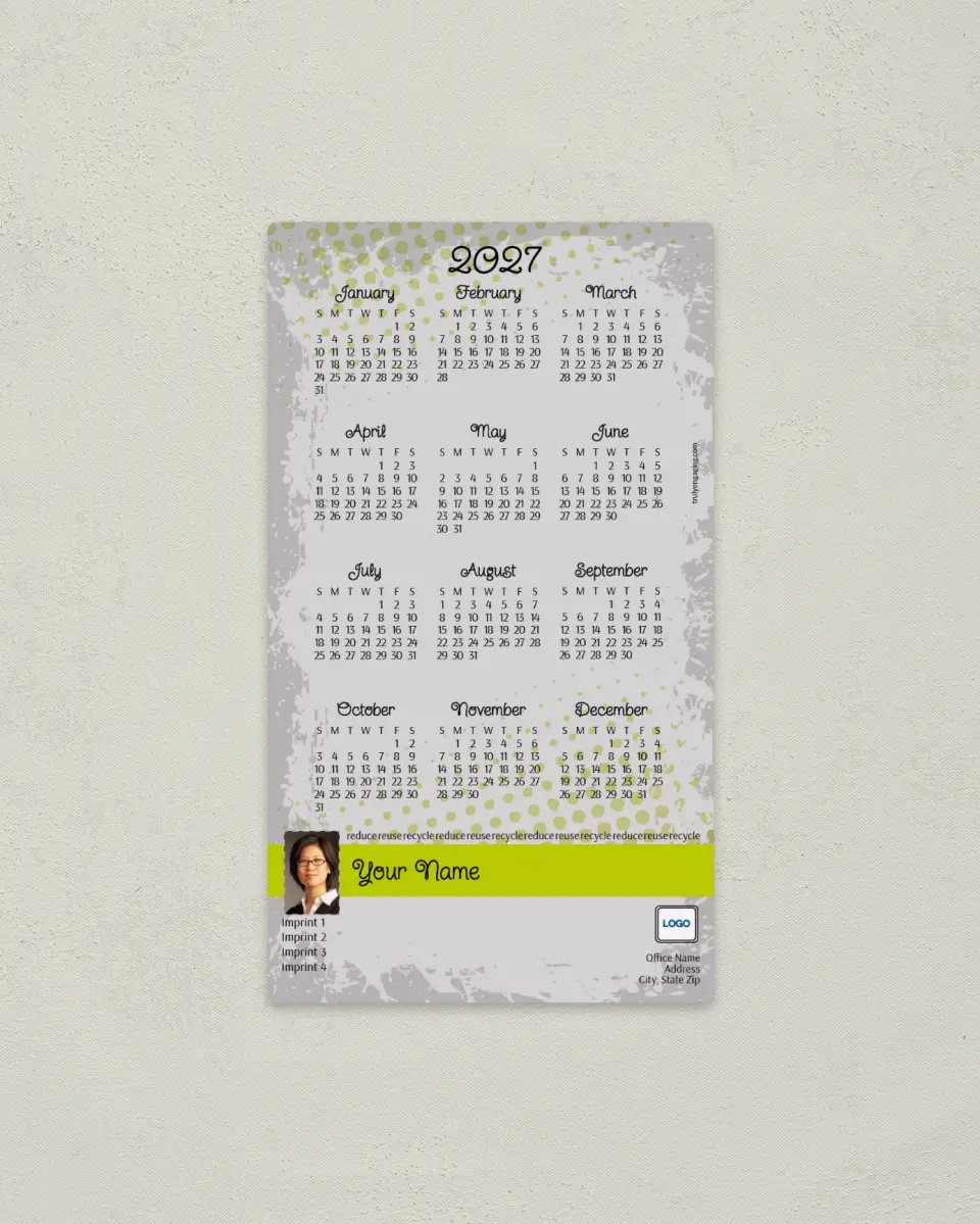 This is a 4" x 7" Full Magnet Calendar called Green Routine printed in full color with a Standard Gloss finish
