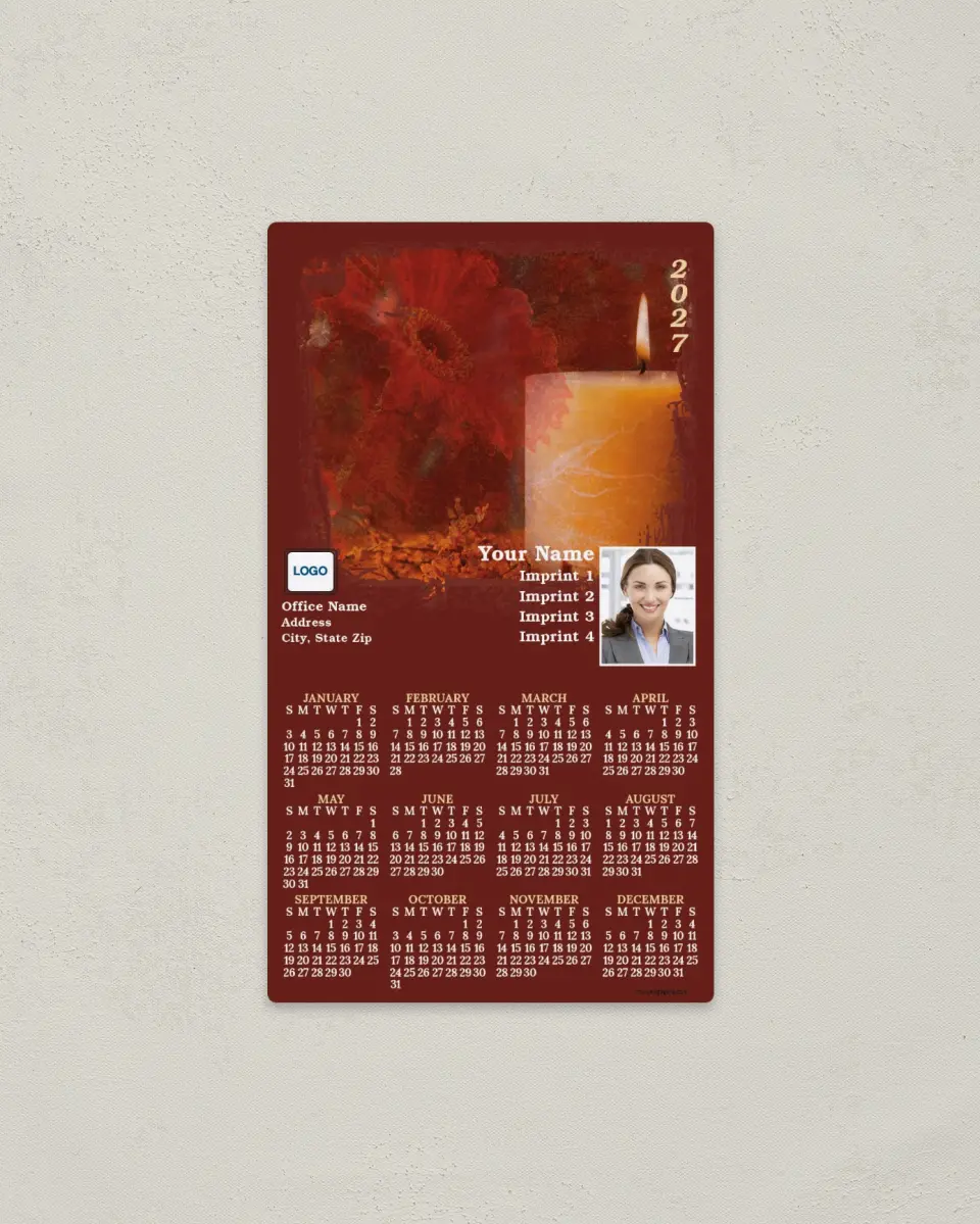This is a 4" x 7" Full Magnet Calendar called Candle & Flower Background printed in full color with a Standard Gloss finish