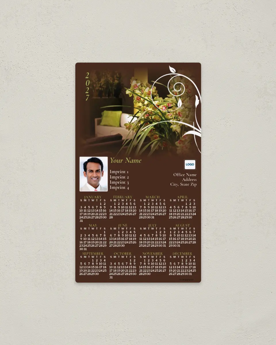 This is a 4" x 7" Full Magnet Calendar called Couch & Flower Background printed in full color with a Standard Gloss finish