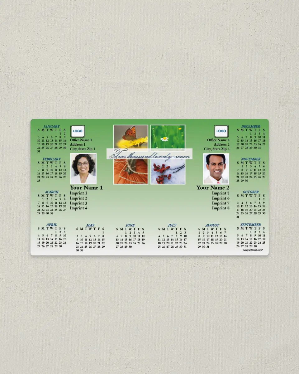 This is a 4" x 7" Full Magnet Calendar called Seasonal Snapshots, 2-Person printed in full color with a Standard Gloss finish