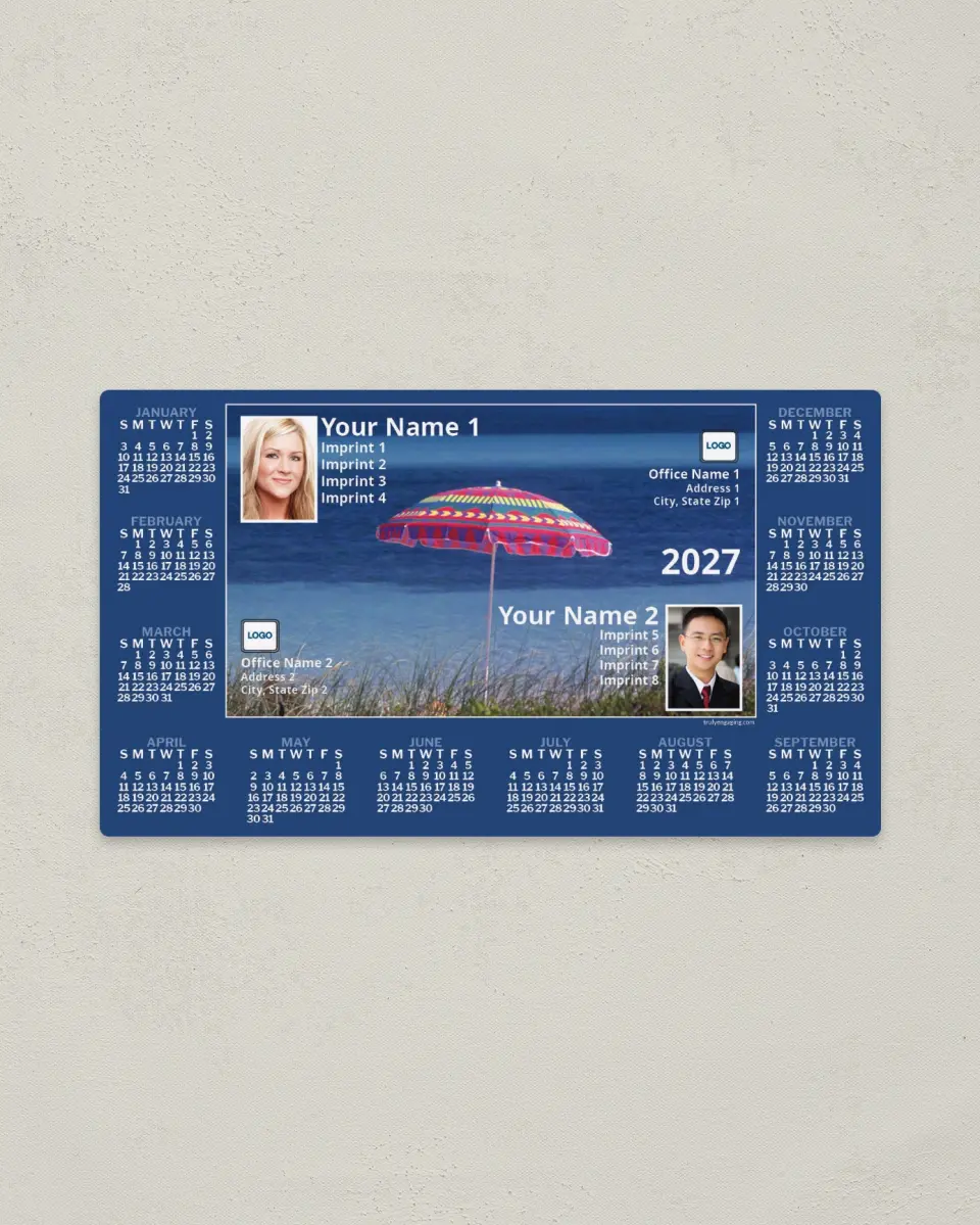 This is a 4" x 7" Full Magnet Calendar called Beach Umbrella, 2-Person printed in full color with a Standard Gloss finish