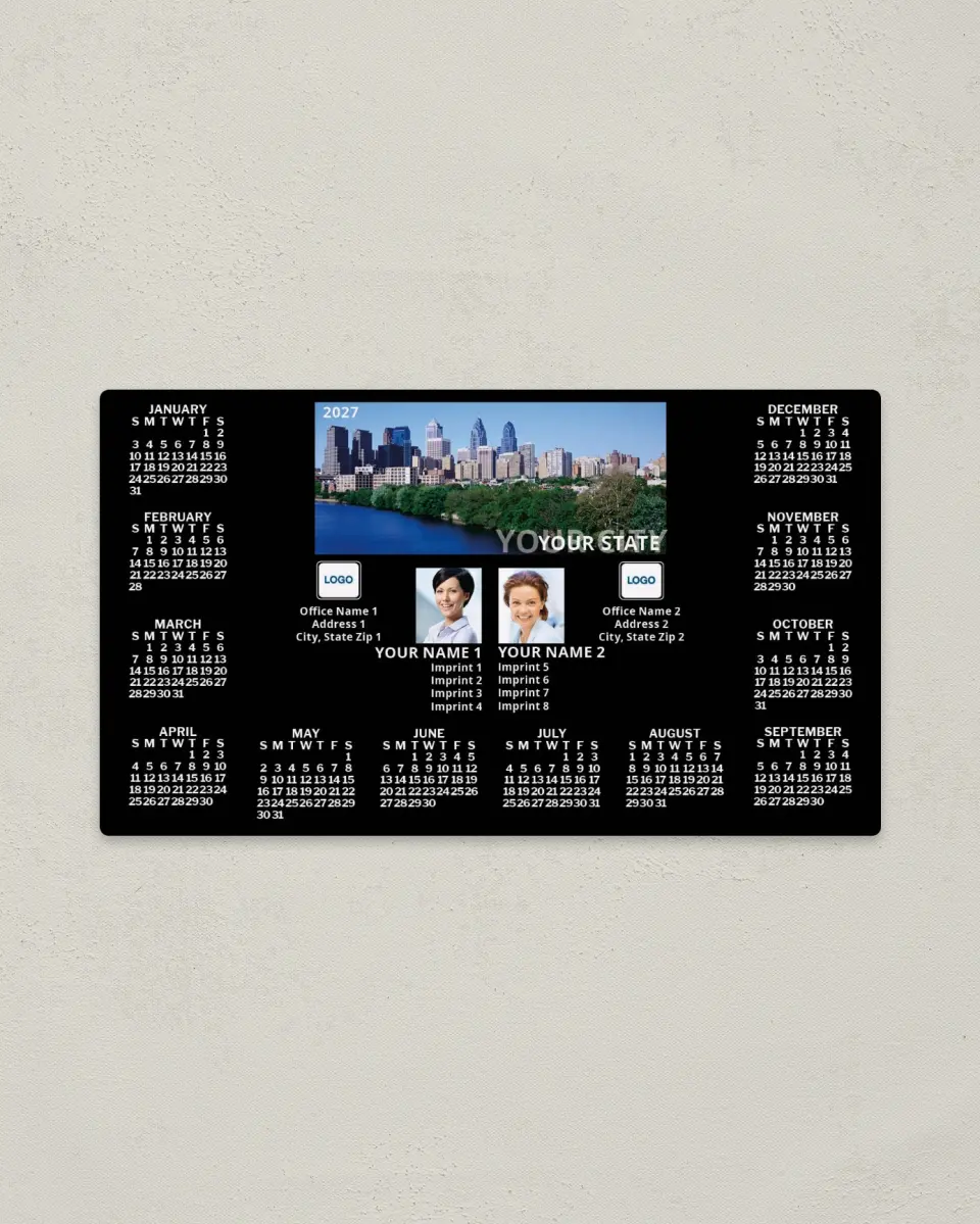 This is a 4" x 7" Full Magnet Calendar called Modern Skyline, Black with City Name, 2-Person printed in full color with a Standard Gloss finish