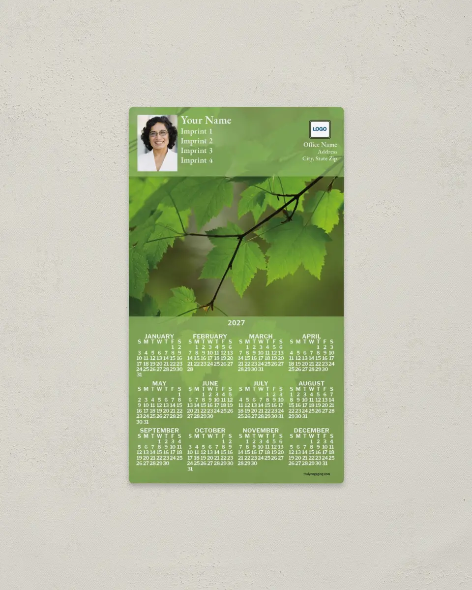 This is a 4" x 7" Full Magnet Calendar called Green Tree Branch printed in full color with a Standard Gloss finish