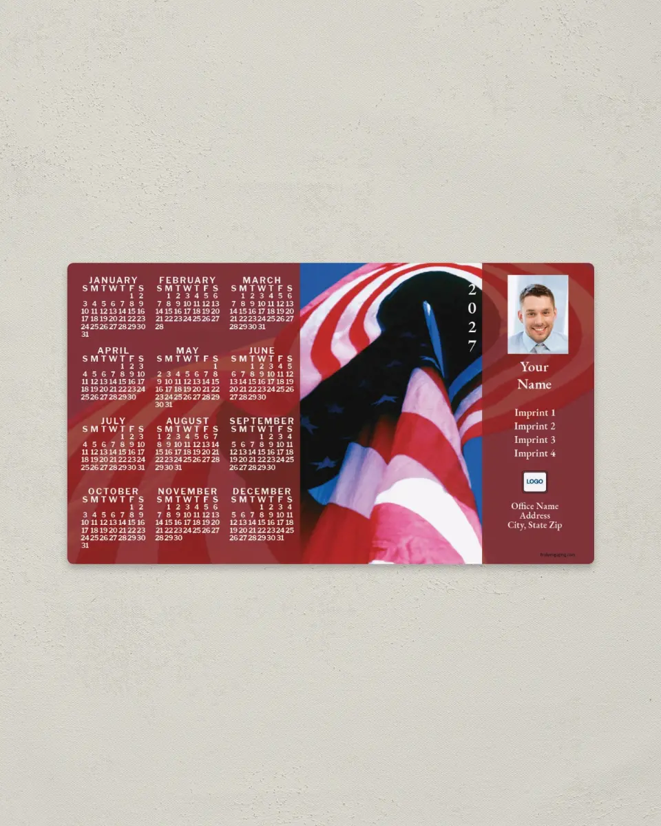 This is a 4" x 7" Full Magnet Calendar called American Flag, Red Fade printed in full color with a Standard Gloss finish