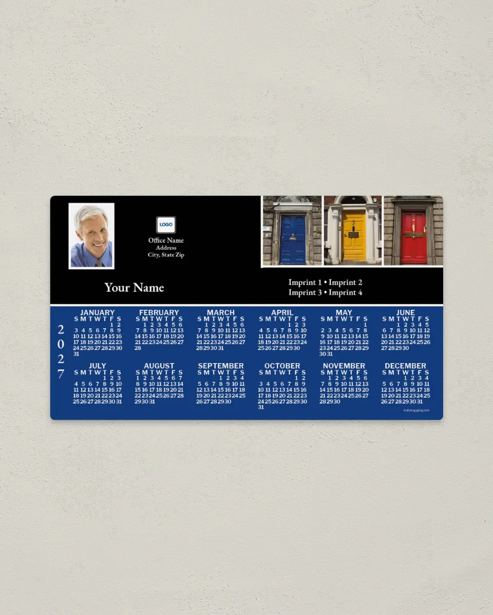This is a 4" x 7" Full Magnet Calendar called 3 Doors, Blue background printed in full color with a Standard Gloss finish