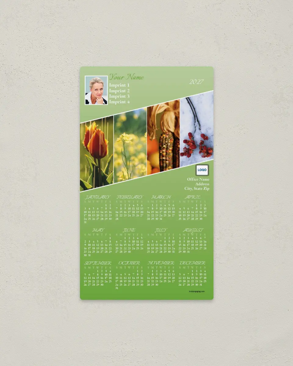 This is a 4" x 7" Full Magnet Calendar called Seasonal Views printed in full color with a Standard Gloss finish